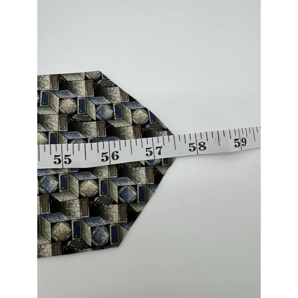 Barrington 100% Silk Tie Geometric Cube Pattern Blue Gray Brown Classic Mens Tie